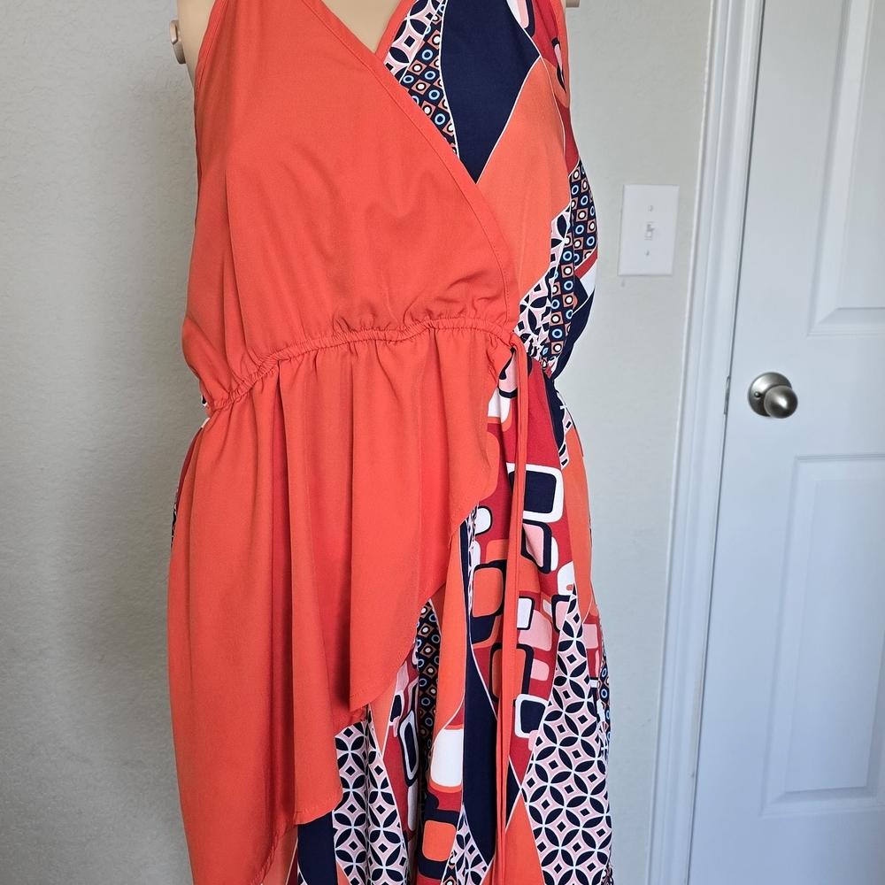 Orange and Navy Patterned Wrap Dress/Skort